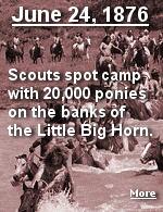 High up in the Wolf Mountains fifteen miles away, the 7th Cavalry's Crow and Arikara scouts could clearly see the Indian village and the herd of 20,000 ponies. Historians estimate the village numbered 8,000, with a warrior force of 1,500-1,800 men, most of whom owned several ponies.